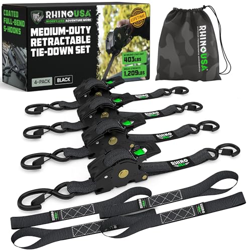rhino usa retractable ratchet straps 4-pack - 1 inch x 10 feet 1209lb break strength - heavy duty auto self retracting tie down straps for truck cargo trailer motorcycle atv utv - black