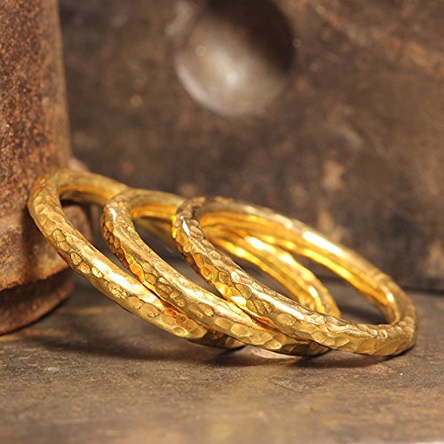 Set of Three Stackable Ring Set 925 Sterling Silver 24K Yellow Gold Vermeil Handcrafted Hammered Stack Stacking Band Ring