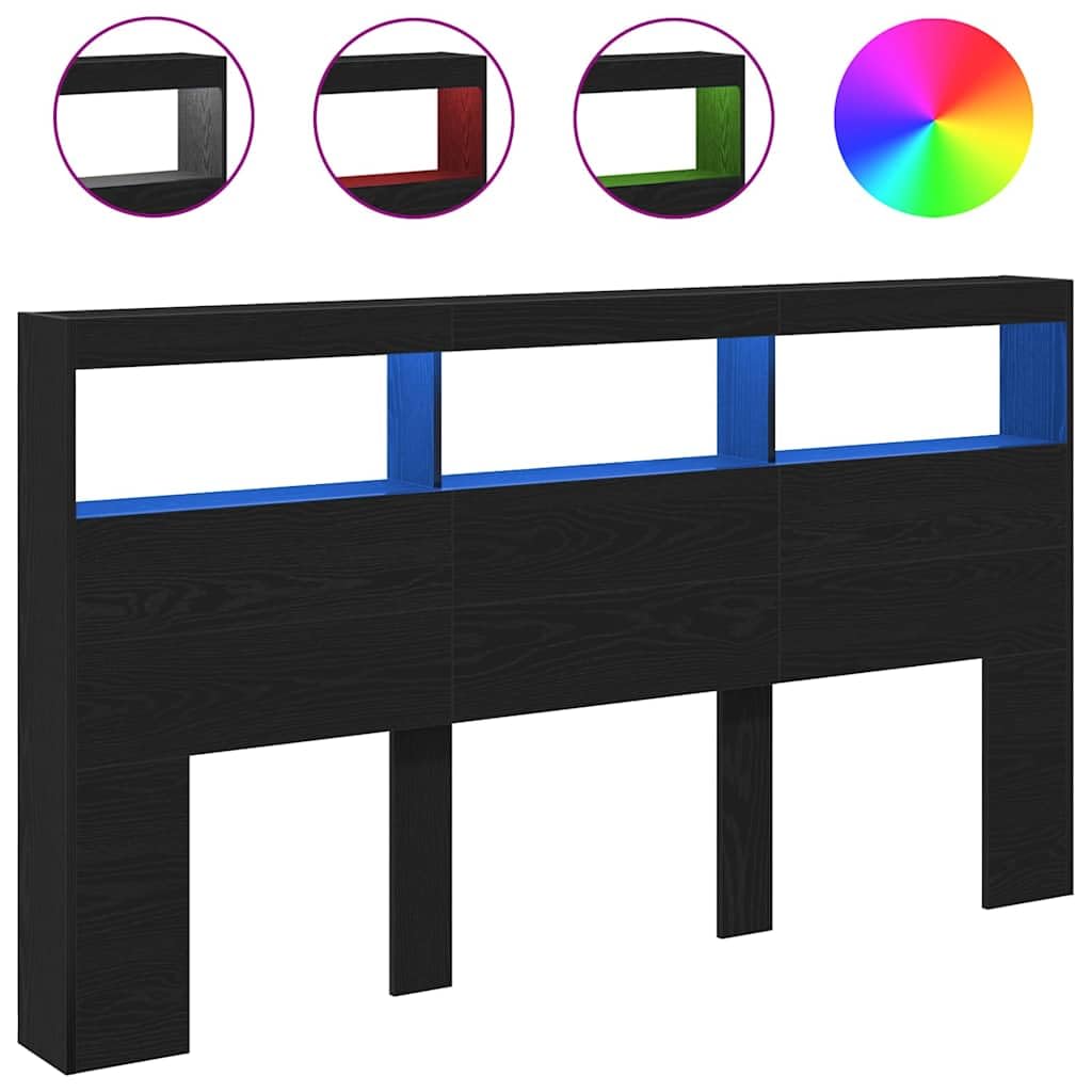 Tête de lit avec éclairage LED RVB, chêne noir, 180 x 17 x 102 cm, avec étagères et compartiments de rangement, tête de lit moderne rétroéclairée par LED, matériau durable