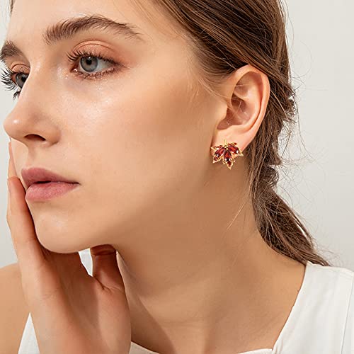 Unique Dainty Sparkly Crystal Orange Red Maple Leaf Dangle Drop Stud Earrings Cute Elegant Glitter Rhinestone Leaf Stud Earrings for Women2