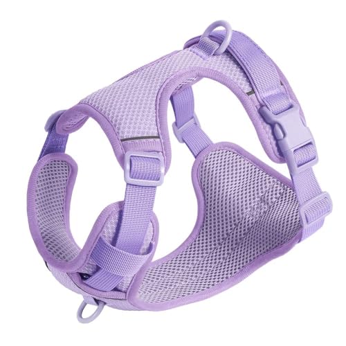 屋外反射猫と犬用ハーネス 引っ張らない通気性メッシュナイロン犬用ハーネス 柔らかく快適なペットハーネスベスト 中型犬および大型犬用 フレンチ ブルドッグ ラブラドール,紫,M