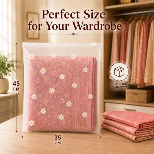 Image of PulGos 24 Pcs, 45 x 35 Cm Saree Cover for Storage | Floral Printed With Zip | Frosted Transparent Bags | Multipurpose Bag for Clothes & Accessories | Packing Covers for Wardrobe Organizer & Traveling