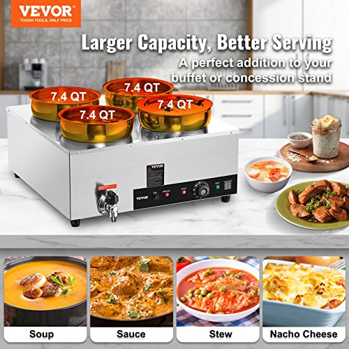 Image of ETL Listed VEVOR Electric Soup Warmer, Four 7.4QT Stainless Steel Round Pot 86~185F Adjustable Temp, 1500W Commercial Bain Marie with Anti-Dry Burn, Soup Station for Restaurant, Buffet, Silver