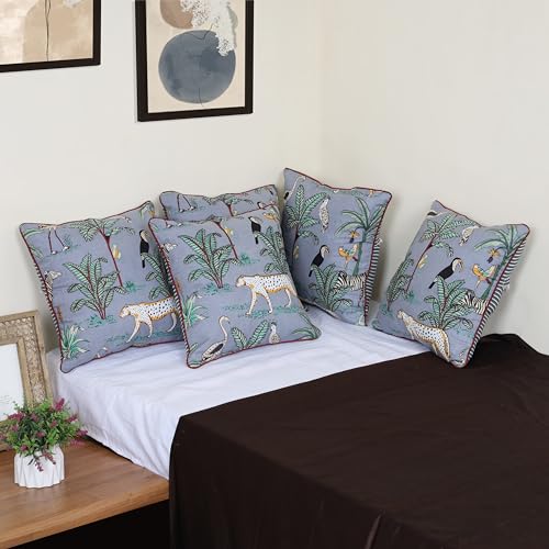 Image of 16 inch x 16 inch Cushion Covers Set of 5 Grey Forest Printed Cotton Decorative Square Cushion Covers Pack of 5 for Sofa Decor