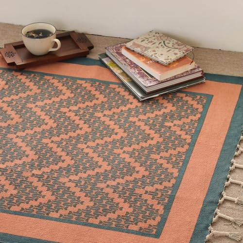 Image of Peepul Tree Handmade Pure Cotton Rugs for Living Room | Multipurpose Carpet for Hall, Bed Room and Corridor | Floor Rugs | Sustainable Dhurrie Rugs | 3x5ft | Teal and Coral | Chintz Collection