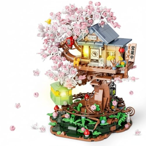 Image of SKY LINE OCEAN Cherry Blossom Treehouse Building Set with LED Light, 1098+ PCS Japanese Izakaya Shop Mini Blocks, Sakura Bonsai Architecture Model Kit for Ages 14+ | 5 Year Structural Warranty