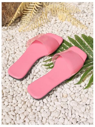 Image of Verdusa Clear Sandals For Women Square Toe Slides Summer Slip On Beach Flat Sandals