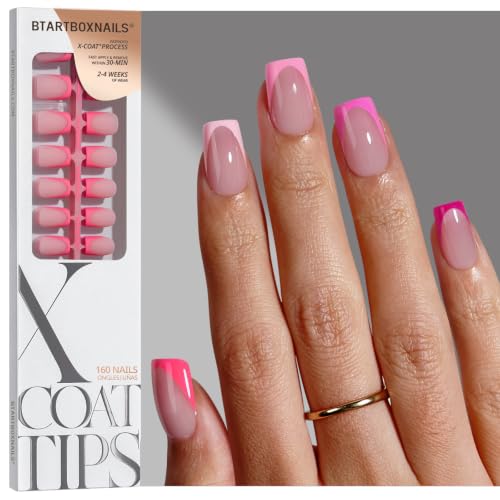BTArtboxnails XCOATTIPS Pink French Tip Press On Nails, S Square,...