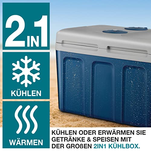 Foto von TOM 2in1 XXL Kühlbox 40l mit Kühl- und Heizfunktion – elektrische Coolbox mit Rollen – 230V & 12V Strom Anschluss – Elektrisch – für Auto, Camping, Wohnwagen & Co – PLUS Geschenk (Blau)