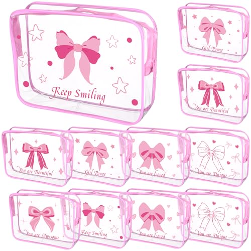 18Pcs Pink Bow Clear Makeup Bag Coquette Bows Cosmetic Bags PVC Travel Toiletry Preppy Portable Gift Transparent Pouch with Zipper Waterproof for Birthday Party Favor Mother Nurse Girls