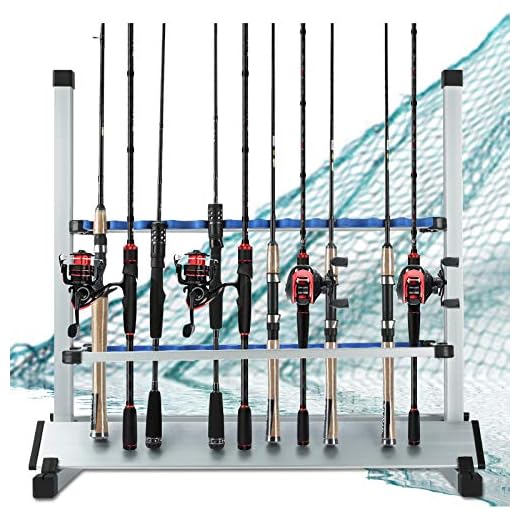 LUXHMOX Fishing-Holder Stand Holds up to 24 Rod-Rack for All Types of Rods and Combos Storage Organizer for Garage, Sports and Outdoor (Blue)