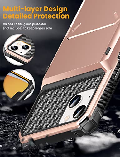 Titacute For Iphone 14 13 Case Wallet 5 Credit Card Holder Flip Cover Design Id Slot Back Pocket Dual Layer Armor Scratch Resistant Hard Shell Hybrid Protective Bumper For Iphone 14 6.1 Rose Gold #TOP4