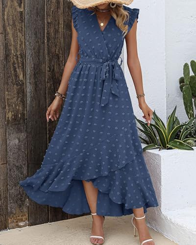 BTFBM Women V Neck Summer Dress 2025 Cap Sleeve Swiss Dot Boho Flowy Ruffle Slit Beach Party Long Maxi Cocktail Dresses3
