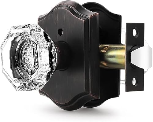 Orger Octagonal Crystal Door Knob 1 Pack, Interior Privacy Door Handle for Bed/Bathroom with Pin Lock Inside, Oil Rubbed Bronze Vintage Rosette Door Knob with Heavy Duty Genuine Glass