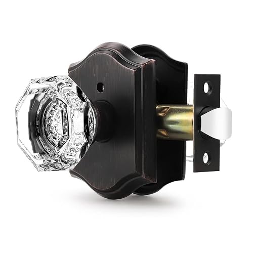 Orger Octagonal Crystal Door Knob 1 Pack, Interior Privacy Door Handle For Bed/Bathroom With Pin Lock Inside, Oil Rubbed Bronze Vintage Rosette Door Knob With Heavy Duty Genuine Glass #TOP7