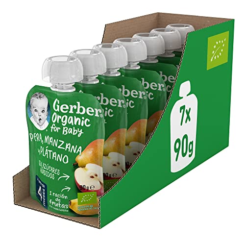 GERBER Organic Pera Manzana Plátano, Bolsita Puré de Fruta para Bebés, 7x90g, a partir de 4 meses