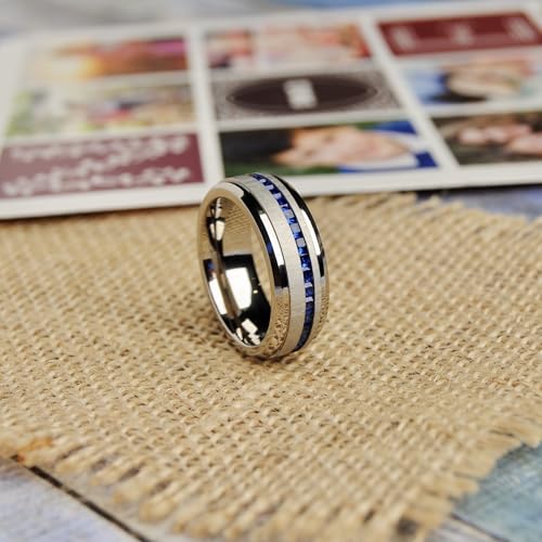 Metal Masters Men's Eternity Titanium Wedding Band Engagement Ring W/Blue Simulated Sapphire Cubic Zirconia Princess CZ2