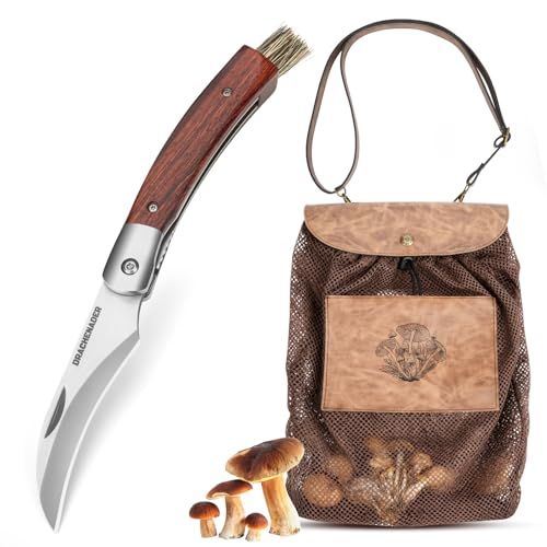 DRACHENADER Pilzmesser & Pilzkorb Schwammerlmesser mit Bürste/Pinsel (Integriert) Liner Lock 42a konform Atmungsaktive Faltbare Pilztasche mit Netz Verstellbarem Schultergurt