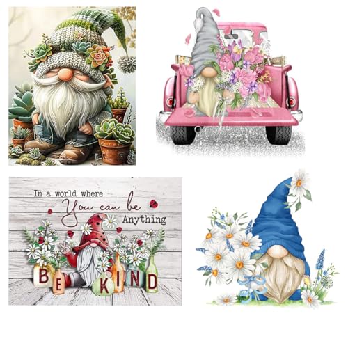 Image of 4 Pack Stamped Cross Stitch Kits for Adults - Gnome Flower Embroidery Kits for Beginners Adults,11 CT Patterns Dimensions Counted Cross Stitch Kits for Adults Arts Craft Kits13.8x13.8-12x16 inch