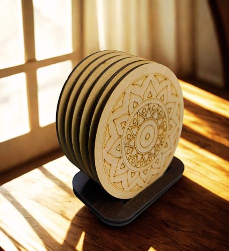 Image of DIY Mandala Art Wooden Coaster Set - Pack of 6 with Stand | Size- 4 inch | Pre-Marked for Painting | Fun Craft Kit for Kids & Adults | Ideal for Art, Gifts & Home Decor (DIY Cost 002)