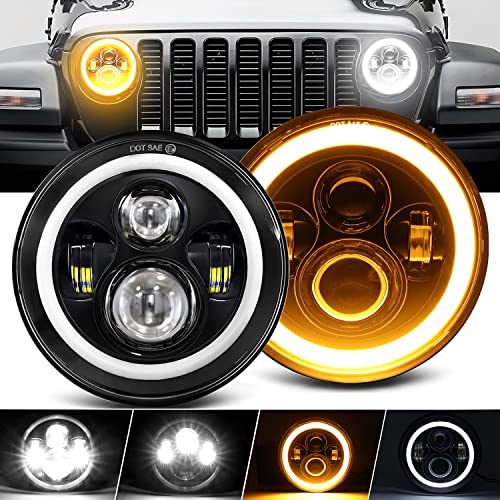 BraveWAY Paire 7 Pouces Phare de Travail LED 80W 4 Modes Eclairages 3000K 6000K HI LO Beam avec Angel Eye Ring DRL Ambré Câble H4-H13 Phare Rond LED pour Off Road Wrangler LJ TJ CJ JK Hum H1 H2 etc.