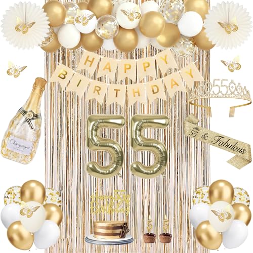 51Pcs 55th Birthday Decorations for Women Champagne Gold 55th Birthday Gift for Women 55 Sash and Crown Banner Fringe Curtains Hanging Paper Fans 55 Year Old Party Supplies Set