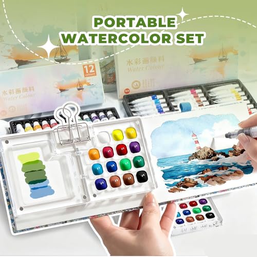 Image of Mini Watercolor Set, Travel Palette for Sketching, Acrylic Palette | 12 colors, 3 water brushes, blue sketchbook, palette and clip; 6x6cm mini kit for travel, outdoor sketching and art class