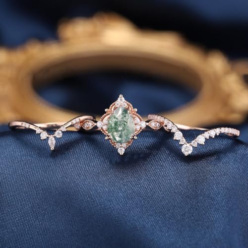 10K 14K 18K Rose Gold 2CT Natural Moss Agate Engagement Ring Set for Women 925 Sterling Silver Genuine Pear Green Moss Agate Leaf Art Deco Bridal Wedding Ring Set (Size 4-15)3