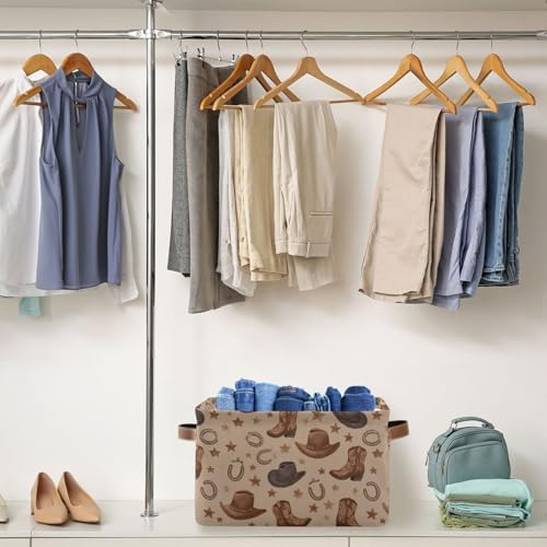 Image of Aslsiy Toy Storage Basket Western Cowboy Cowgirl Nursery Bins Lucky Horse Shoe Baby Toys Box Canvas Clothes Shelf Basket Laundry Hamper 2 Pcs
