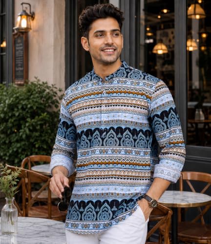 Image of Majestic Man Men's Cotton Regular Fit Short Printed Designer Kurta