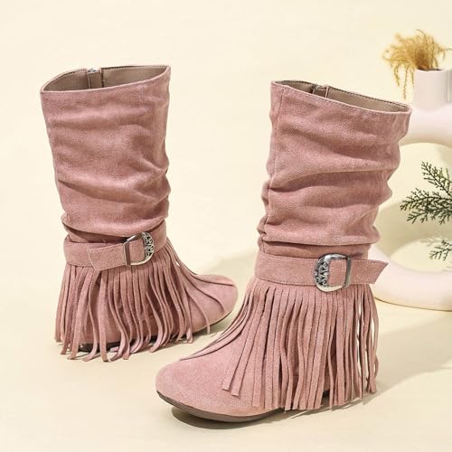 Girls Mid Calf Boots with Tassel, Fringe Cowgirl Boots, Round Toe, Non Slip Outsole, Kids Western Boots Stylish Comfortable for All-Seasons2