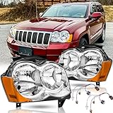 SAFAUTOPARTS Headlights Assembly Pair for 2008 2009 2010 Jeep Grand Cherokee Halogen Headlamps Headlight Replacement 08 09 10 Jeep Grand Cherokee Head Lights (LH RH),Chrome Housing Amber Reflector