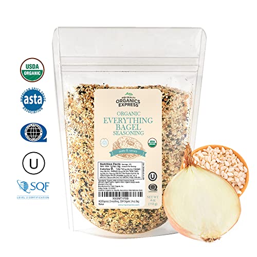 HQOExpress Organic Everything Bagel Seasoning – Non GMO, Kosher, USDA Certified Organic Blend of Sesame Seeds, Poppy Seeds, Garlic, Onion and Sea Salt – Nutty, Savory Mix, 4 oz. Resealable Bag