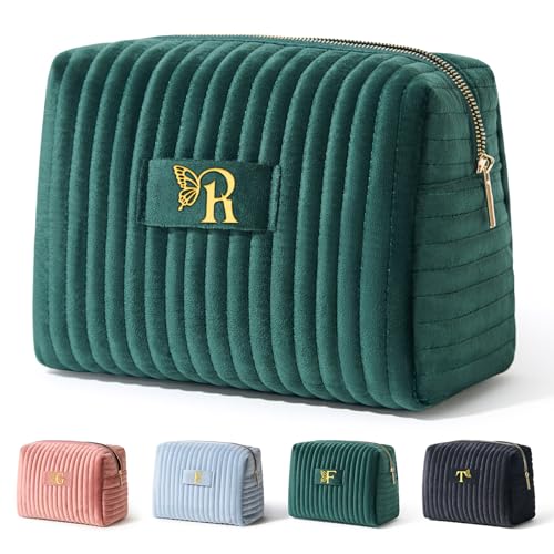 Image of COSHAYSOO Travel Makeup Bag Quilted Make Up Pouch Initial Cosmetic Case for Women Hair Eyebrow Eyeshadow Brushes Powder Foundation Blush Bronzer Contour Palette Items Organizer Green Letter R