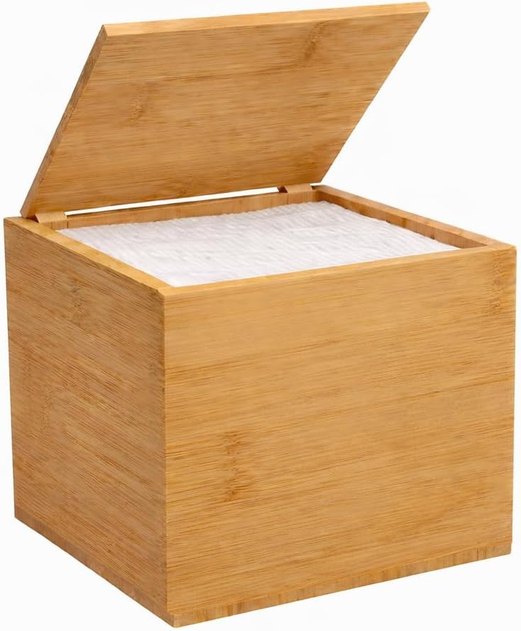 Disposable Face Towel Holder Storage Box with 50 Count Face Towels, Natural Bamboo Box Container Compatible with Clean Skin Club Clean Towel XL, Makeup Organizer with Flip Lid