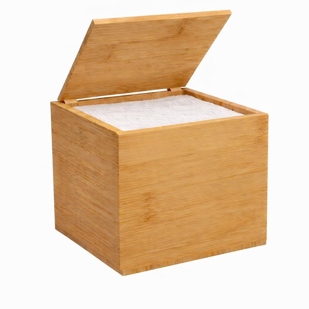 Disposable Face Towel Holder Storage Box with 50 Count Face Towels, Natural Bamboo Box Container Compatible with Clean Skin Club Clean Towel XL, Makeup Organizer with Flip Lid