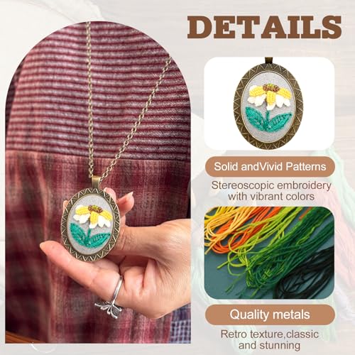 Image of ZOCONE New 4 Packs Embroidery Necklace Kits, Embroidery Pendant Kit Mini Cross Stitch Kit with Hoop, Necklace, Pendant, Stamped Pattern Cloth, Instructions, etc., Embroidery Kits for Adults