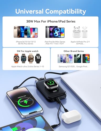 Image of RORRY CharmGo Portable Charger, 20000mAh PD 30W Portable Charger Power Bank with 2 Built-in Cables, Fast Charging Battery Pack with Keychain, Travel Essentials for iPhone, Apple Watch, iPad, Black