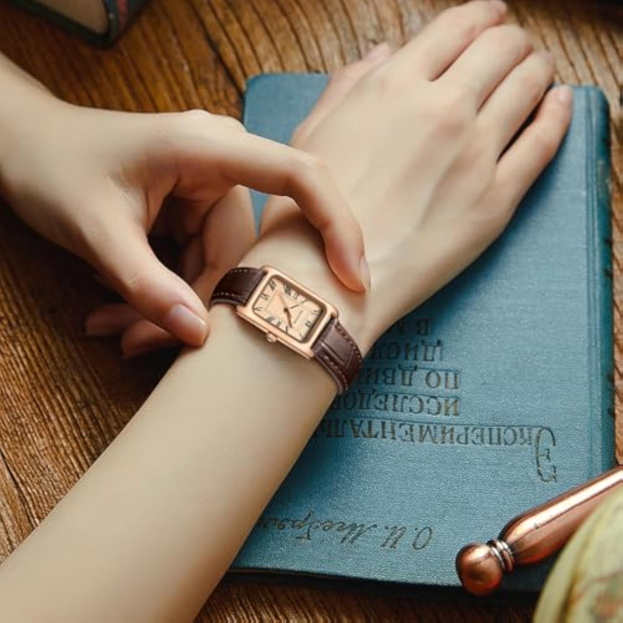 Women's Rose Gold Rectangular Case Leather Watch