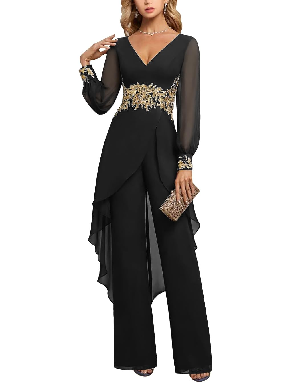 Mother of The Bride Pant Suits for Women Chiffon V Neck Lace Formal Wedding Guest Outfits 2026 MIS091