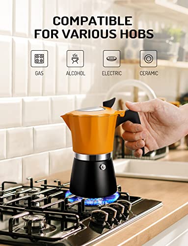 Stovetop Coffee Maker Espresso Italian Moka Pot with Transparent Top Lid, 300ml-6 Espresso Cups, Classic Aluminium Coffee Percolator, Orange/Black - Image 5