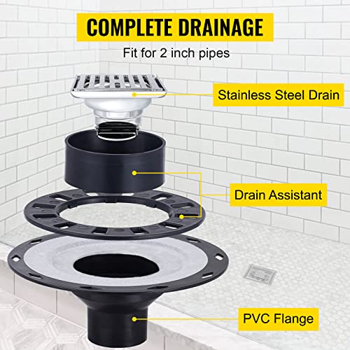 Image of VEVOR Shower Curb Kit, 38 inchx60 inch Watertight Shower Curb Overlay with 4 inch PVC Central Bonding Flange, 4 inch Stainless Steel Grate, 2 Cuttable Shower Curb and Trowel, Shower Pan Slope Sticks Fit for Bathroom