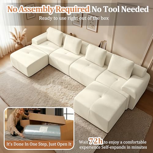 Image of 159 inch U Shaped Oversized Boneless Couch, Comfort Cloud Sectional Couches for Living Room, Modular Sofa High Back & Extra Deep Seat, No Assembly, Soft Chenille(Warm White, 159 inch-U shaped(4+2))