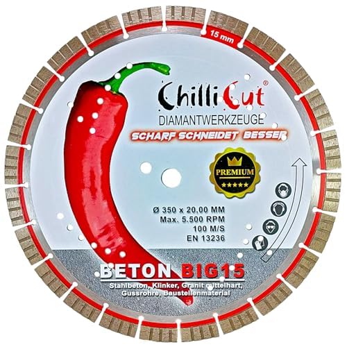 ChiliCut Big 15 Diamanttrennscheibe 350 mm x 30 mm – mit langlebigen Big 15-Segmenten für Beton, Pflastersteine und Naturstein – extra starke Premium Diamantscheibe für Nass- und Trockenschnitt