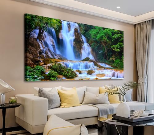 Waterfall Wall Art Living Room Decorations Landscape Canvas Art Large Nature Pictures Artwork Contemporary Wall Art Green Trees Rivers Spring Tropic Forest for Kitchen Office Home Decor 20' x 40'