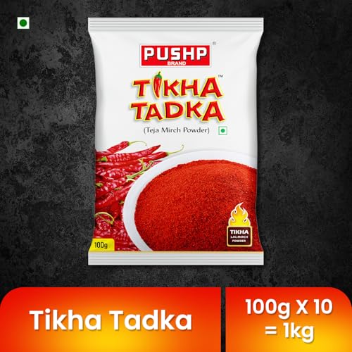 Image of Pushp Spicy Red Chilli Powder 100gm | Pack of 10 | Tikha Tadka Lal Mirchi Powder | Premium Quality | Rich Color | Strong Aroma | Perfect for Indian Dishes |
