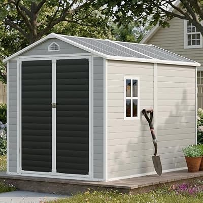 Resin Storage Shed with Floor 8 x 6 FT Waterproof Plastic Outdoor Garden Sheds Kit with Lockable Door & Windows,Patio Tool Shed for Backyard Lawn, Gray