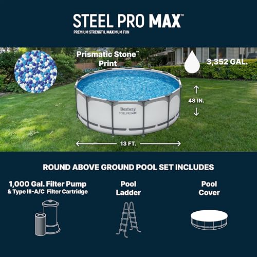 Bestway Steel Pro MAX 13\' x 48\" Above Ground Pool, Round Metal Frame Outdoor Swimming Pool Set with Filter Pump, Ladder, and Cover, Gray - Thumbnail 3