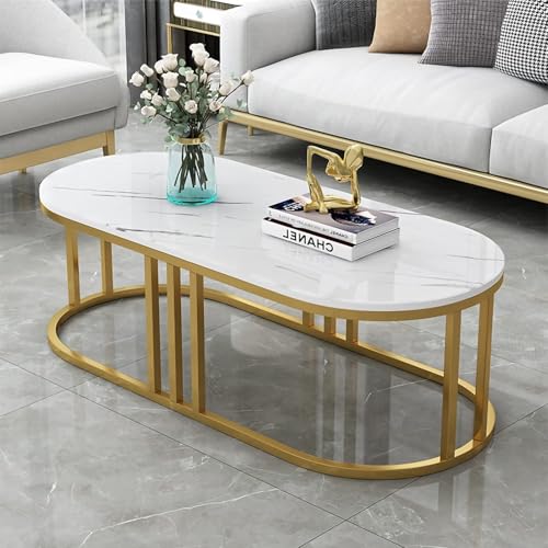 Image of Modern Oval Marble Finish Coffee Table with Metal Frame, Luxury Center Table for Living Room, Contemporary Tea Table for Home, Office Reception Table, Space Saving (Golden White)
