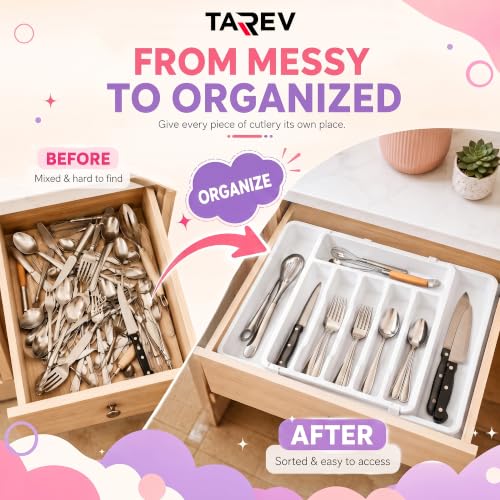 Image of Drawer Organizer Tray /Kitchen Expandable Utensil Tray /Adjustable Utensil Organizer /Cutlery Silverware Flatware Holder /Divider for Spoons Forks Knives Tableware (White, 2 Pcs)
